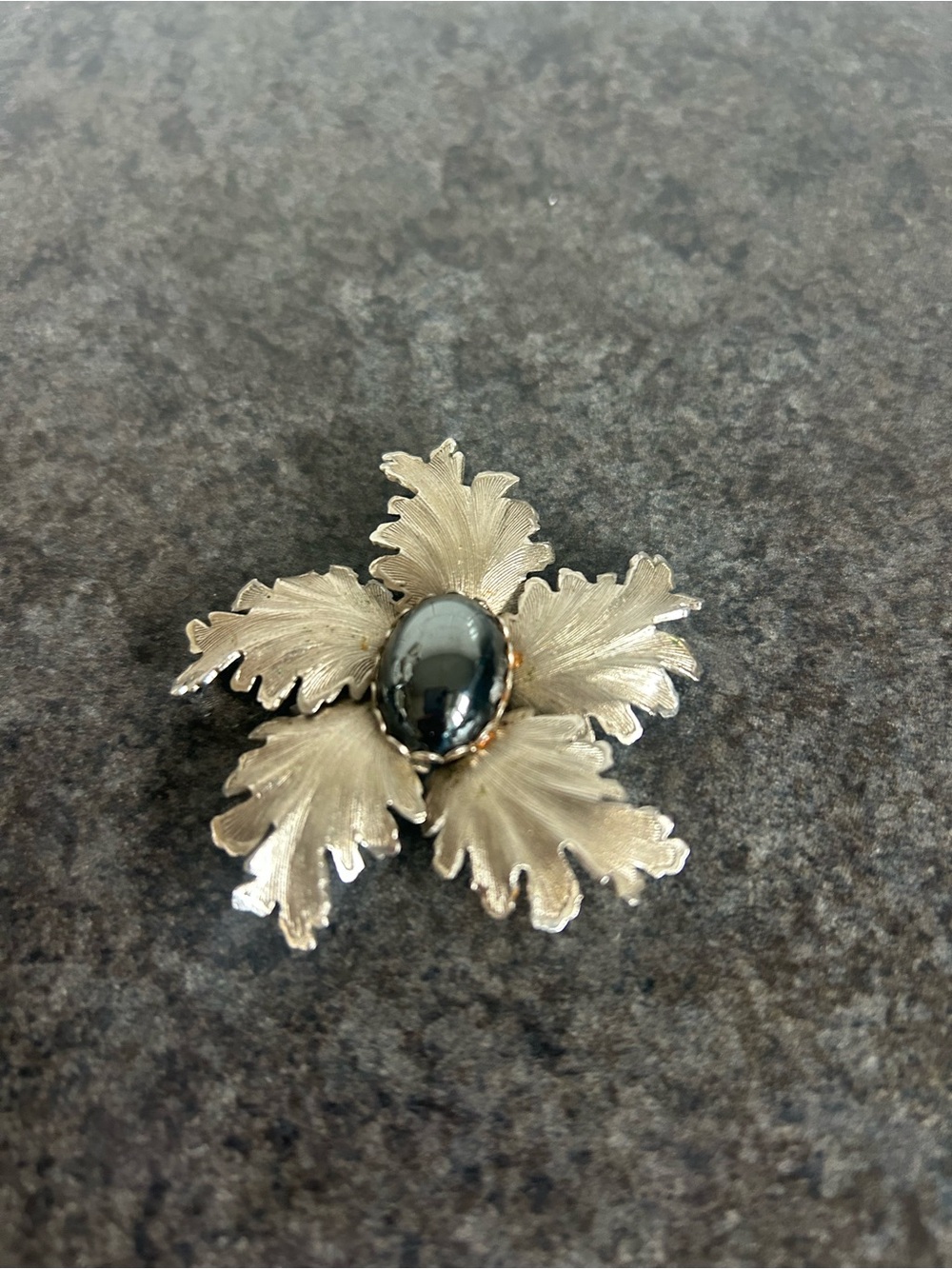 Silver Floral Leaf Brooch with Black Stone